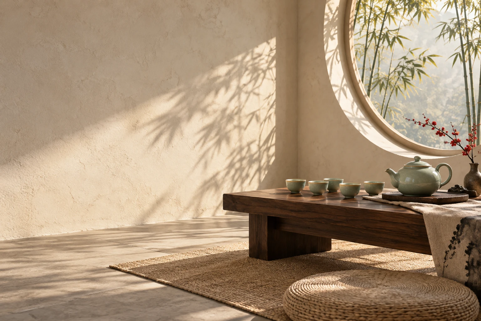 Celadon tea pieces on a walnut table beside a moon window